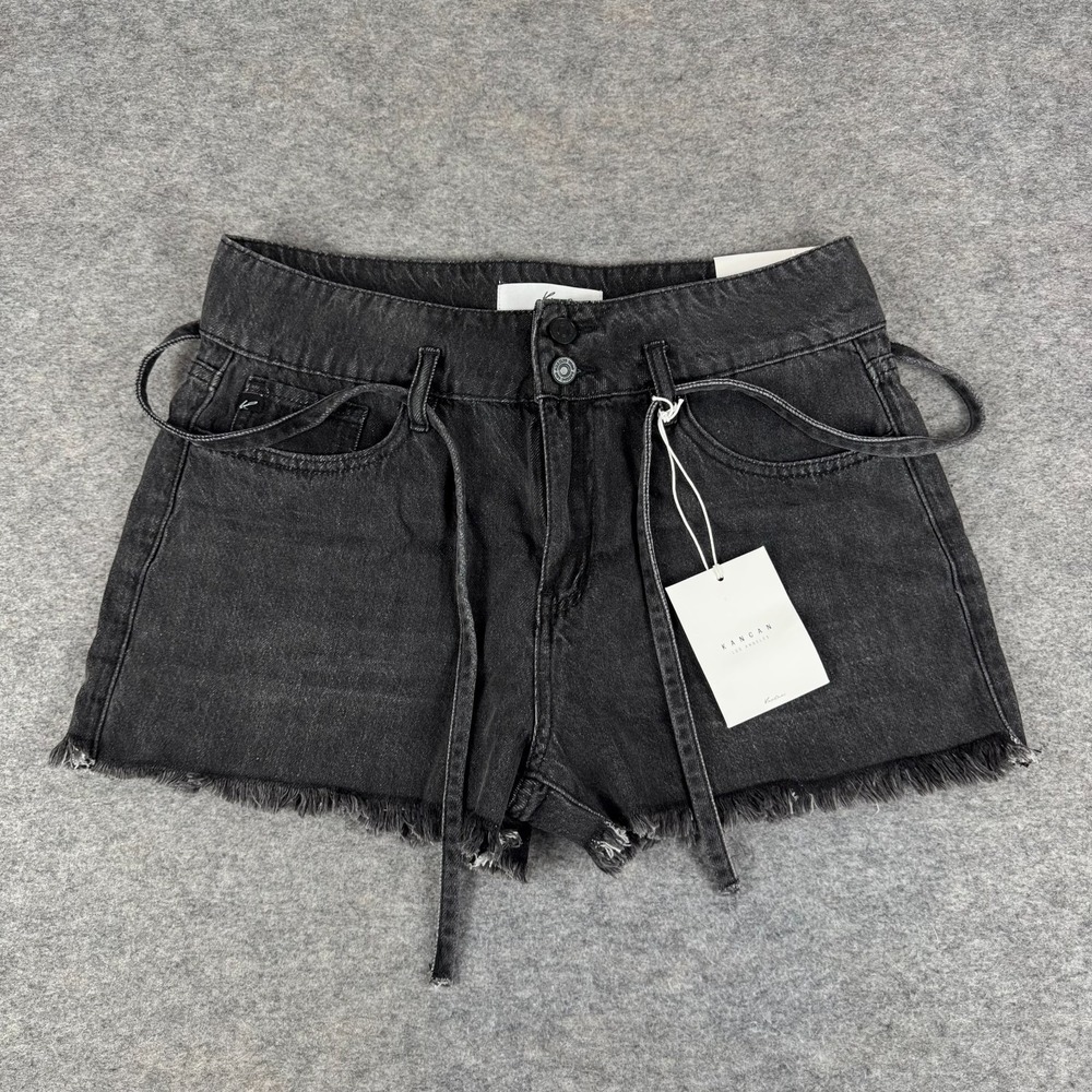 KanCan Tamsin Ultra High Rise Belted Shorts 2" Black Womens Large L